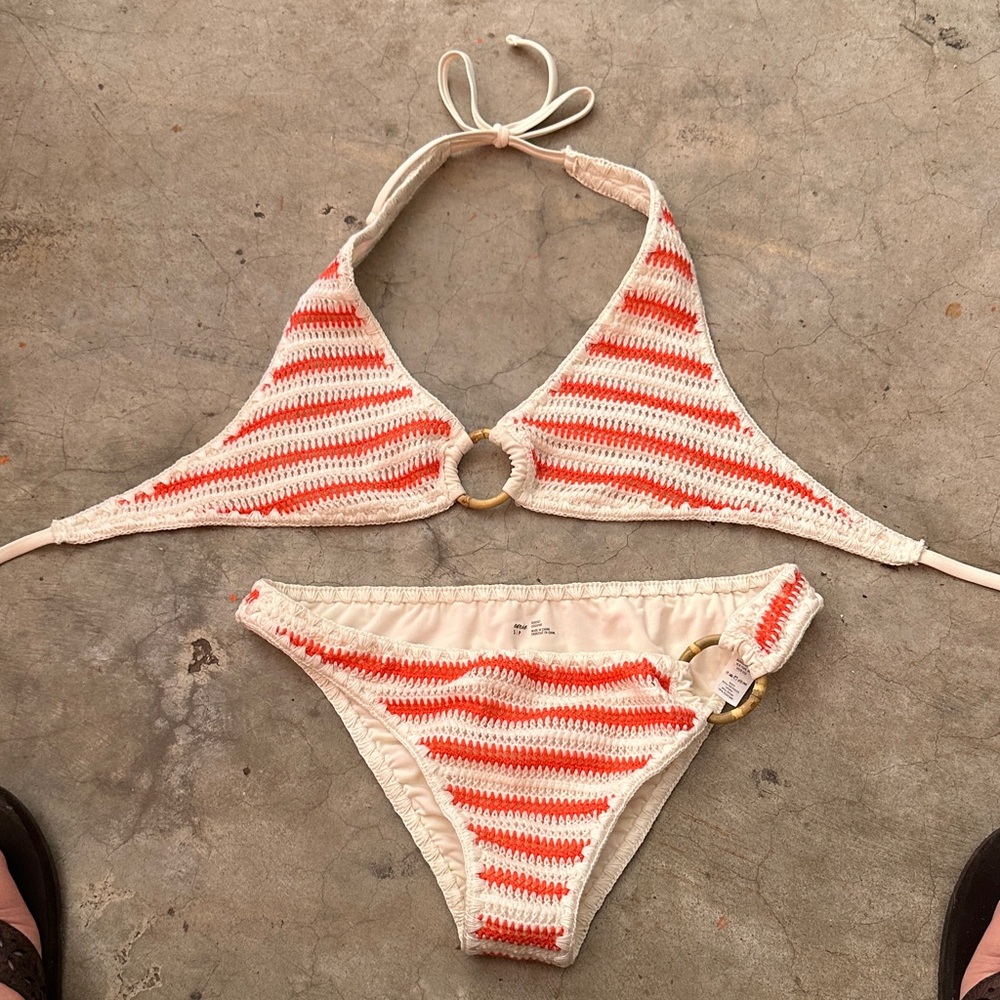 New aerie Crochet Halter Bikini Set in Cream and Coral